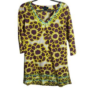 Boden Size 12 Ibiza Kaftan Floral Tunic Dress Ric Rac Trim Purple Yellow Retro